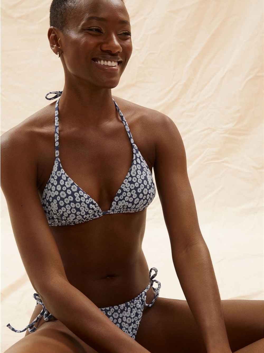 Sz 8 & Other Stories Navy & White Floral Triangle Bikini Top Halter Adjustable